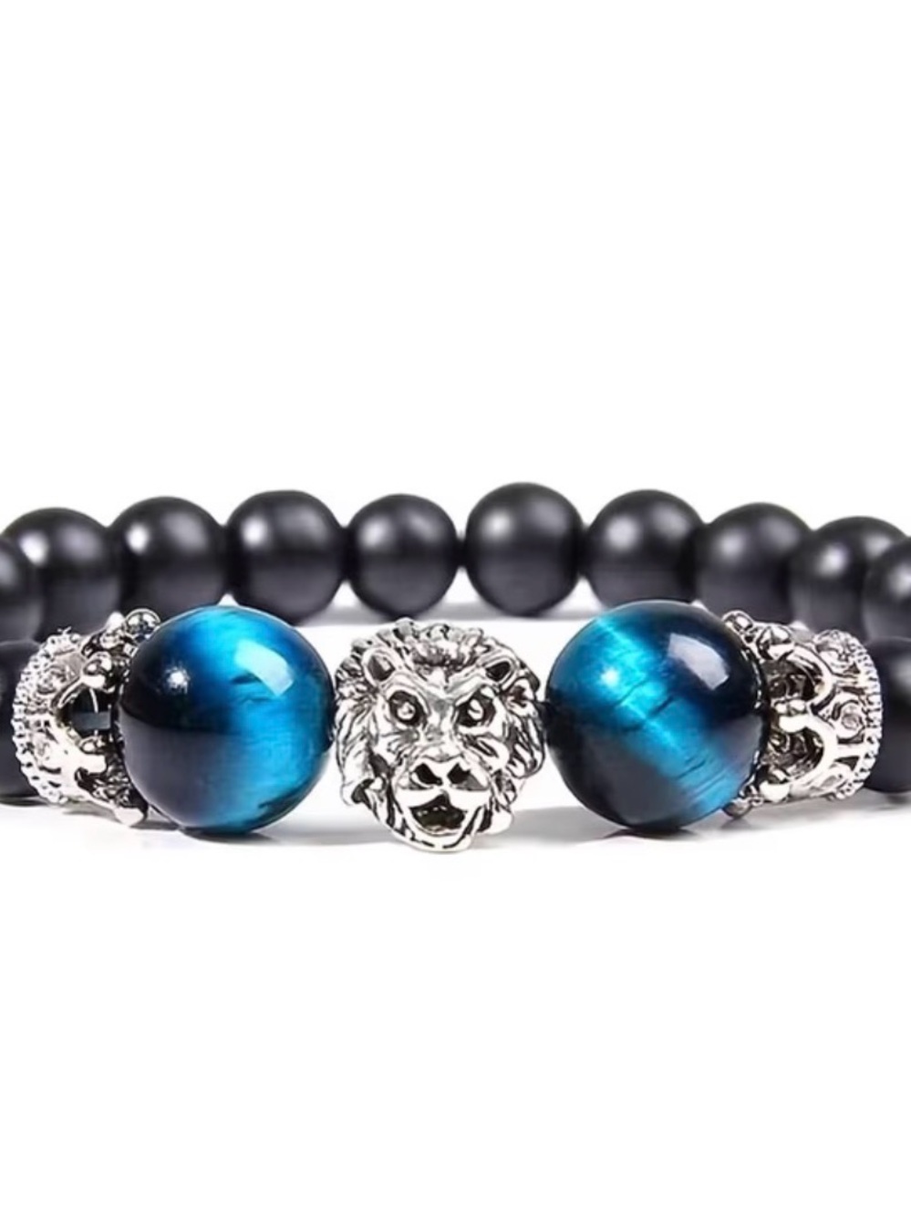 Gold Lion Bead Bracelet with Blue Tiger Eye and Black Matte Beads